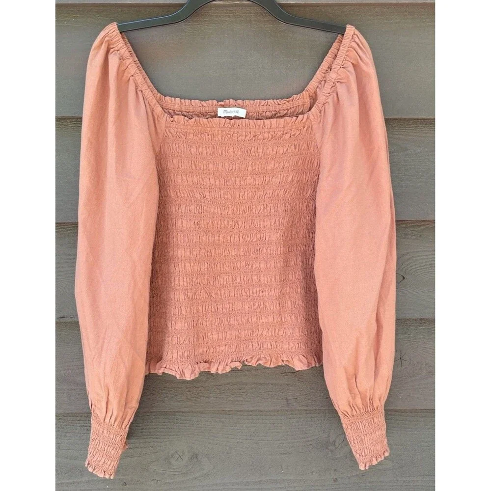 Cottagecore Boho Smocked Bubble Sleeve Top Madewell Lucie Warm Umber M